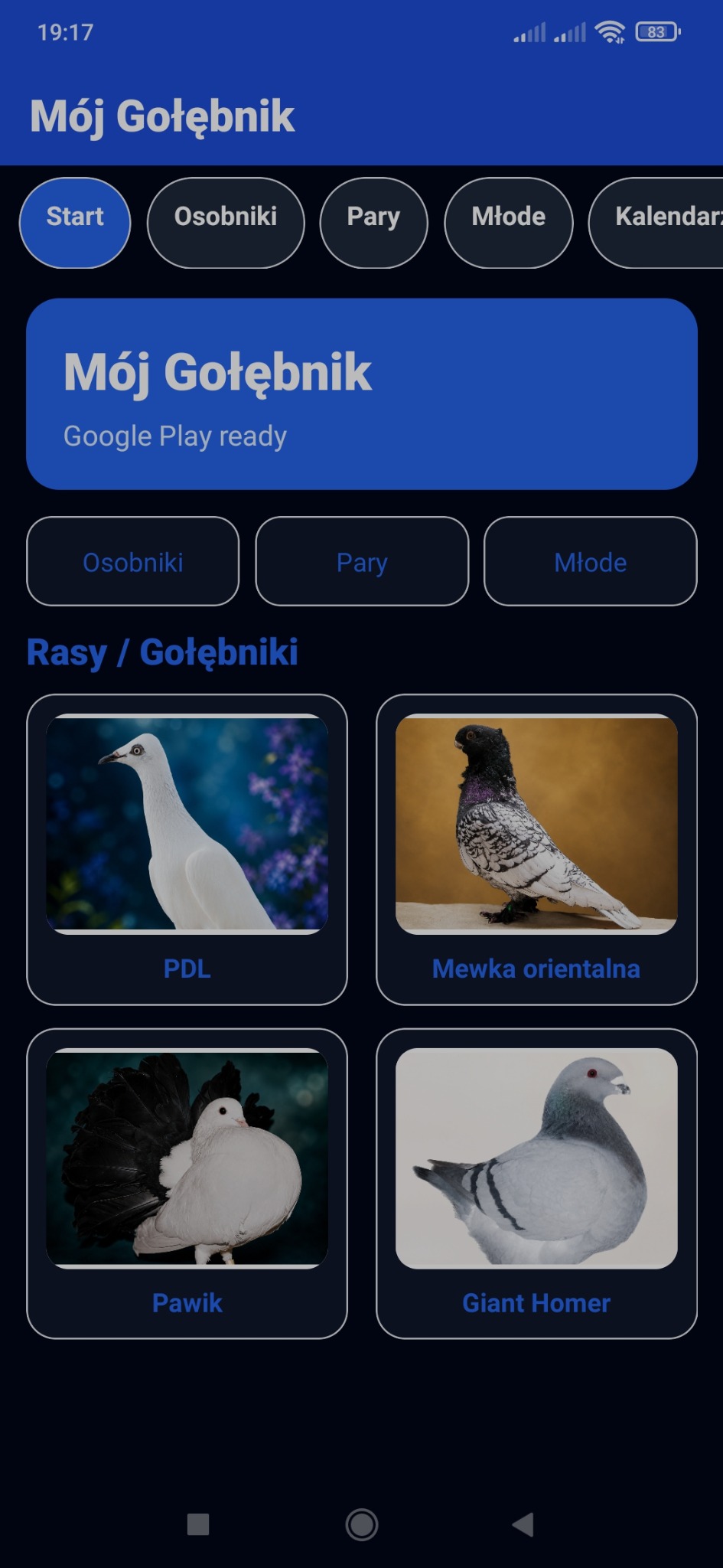 Ekran aplikacji Mój Gołębnik